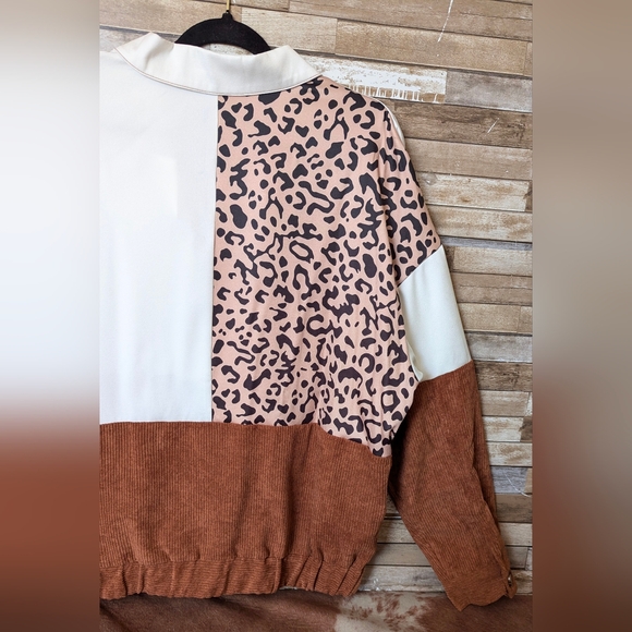 New Colorblock Corduroy Brown With White & Leopard Print Drop Shoulder Shacket - Picture 13 of 15